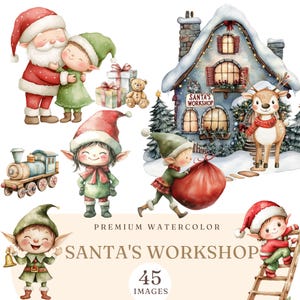 Santa's Workshop clipart - aquarel kerst clip art graphics - schattige kerstelfen PNG - kerst aquarel clipart - rendieren - elfen