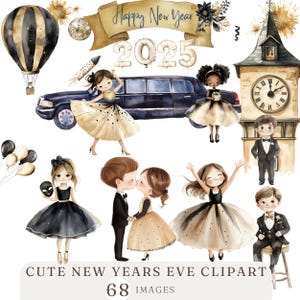 Cute New Years Eve Clipart - Watercolor New Year Clipart - Party Clipart 2025 - New Year PNG - Happy New Year Clip Art - Ilustração de Ano Novo