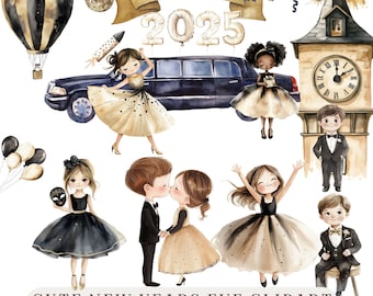 Cute New Years Eve Clipart - Watercolor New Year Clipart -Party Clipart 2025 -New Year PNG -Happy New Year Clip Art - New Year Illustration