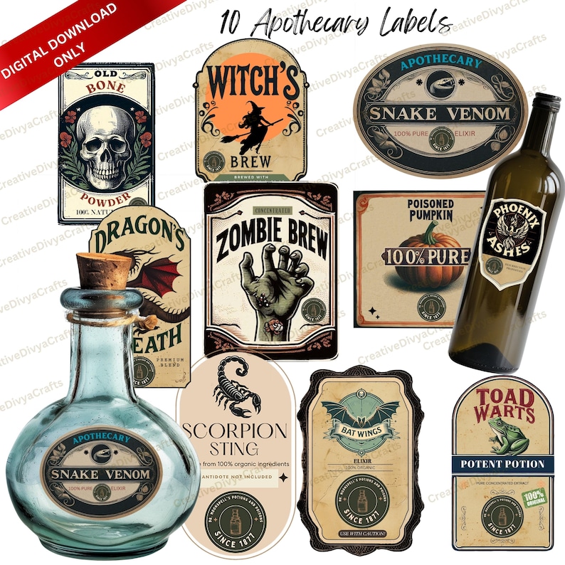 Halloween Potion Bottle Labels Print, Spooky Labels, Vintage Halloween ...
