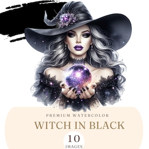Lot de cliparts aquarelle belle sorcière d'Halloween - belle sorcière noire - décor de sorcière gothique fantasmagorique PNG - illustrations de sorcière mystique