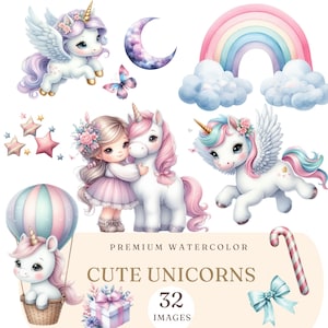 Clipart di unicorno ad acquerello per bambini - Festa magica con unicorno - Carino unicorno - Piccolo unicorno PNG - Arte murale per la cameretta dei bambini - Uso commerciale