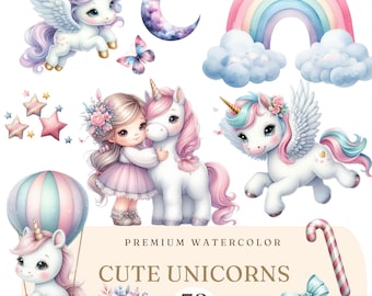 Watercolor Unicorn PNG- Kids Magical Unicorn Clipart -Cute Baby Unicorn Sublimation Illustrations - Commercial Use