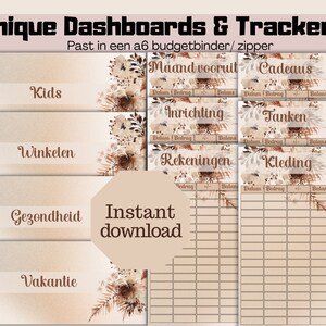 Op de afbeelding: Een set printbare budget trackers met bloemmotieven. De trackers zijn gelabeld met categorieën zoals "Kids", "Winkelen", "Gezondheid", "Vakantie", "Maand vooruit", "Cadeaus", "Inrichting", "Tanken", "Rekeningen" en "Kleding".