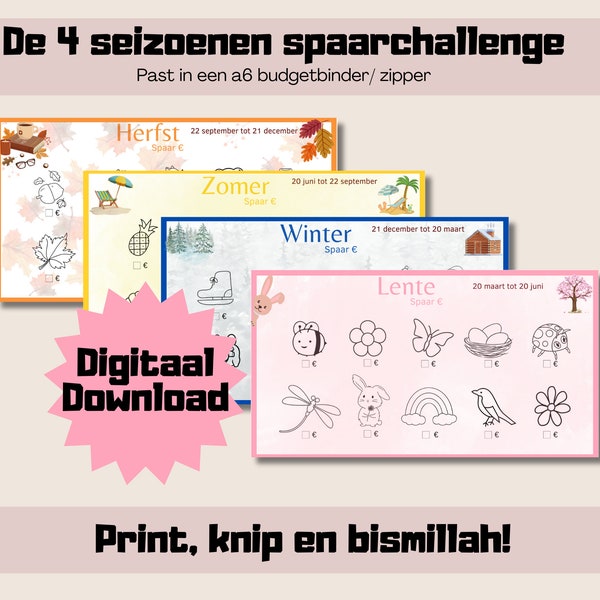 Digitaal 4 seizoenen spaarchallenge voor cash stuffing, budget planning a6, kleingeld challenge, euro spaarspellen