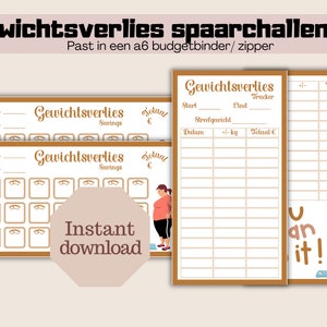 May include: Printable weight loss savings challenge tracker with a brown and white color scheme. The tracker includes a section for tracking weight loss and a section for tracking savings. The text on the tracker says "Gewichtsverlies spaarchallenge" and "Instant download".