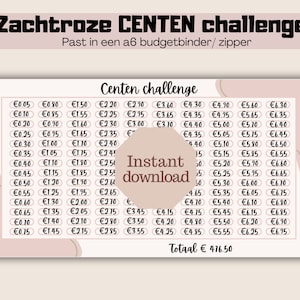 Könnte beinhalten: Eine druckbare Tabelle für eine Sparherausforderung. Die Tabelle ist rosa und weiß mit einem braunen und goldenen abstrakten Design. Die Tabelle ist mit "Centen Challenge" betitelt und enthält Beträge von €0,05 bis €6,95. Der Gesamtbetrag beträgt €476,50.