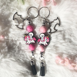 Spooky Cute - Skeleton - Unicorn - Handmade - Beaded Keychain
