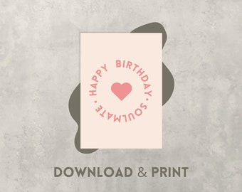 Printable Birthday Card "Happy Birthday Soulmate", Simple Plain Card to Print - Digital Download