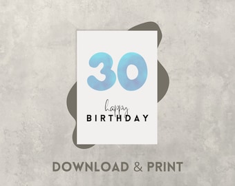 Geburtstagskarte 30, druckbare Karte zum 30. Geburtstag, schlichte Geburtstagskarte zum Ausdrucken - Digitaler Download
