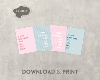 Printable Birthday Cards, Set of 4, Colored Birthday Cards to Print - Digital Download