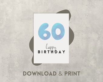 60th Birthday Card, Printable 60th Birthday Card, Simple Birthday Card to Print - Digital Download