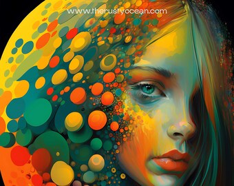 May include: A digital art portrait of a woman with green eyes and orange lips. The artwork features a vibrant color palette of yellow, orange, green, and teal. The background is black, and the image includes the text "www.therustyocean.com".