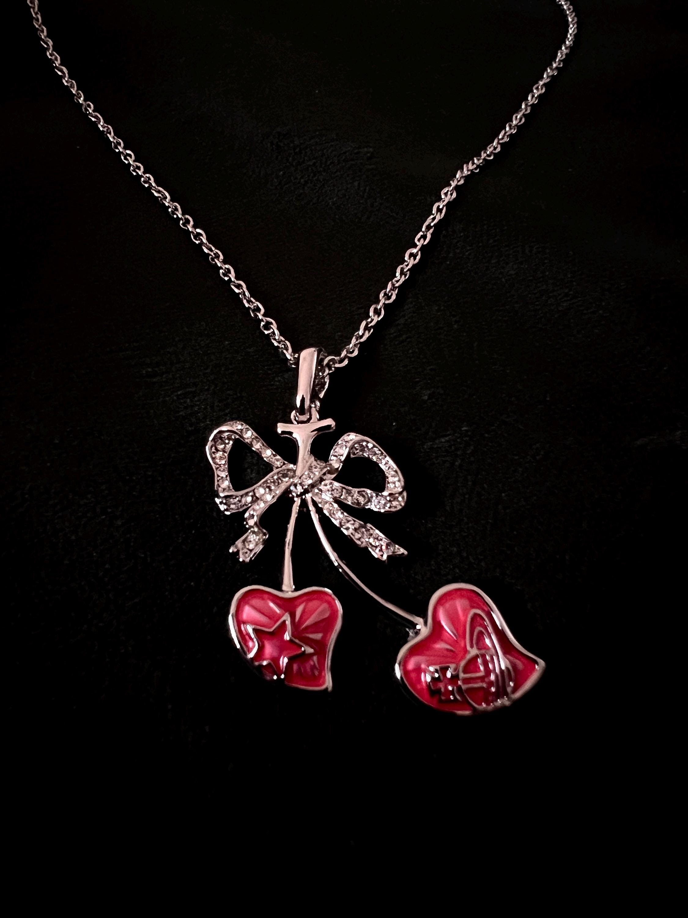 Vivienne Westwood Vintage Pink Cherry Heart Diamond Ribbon Pendant necklace