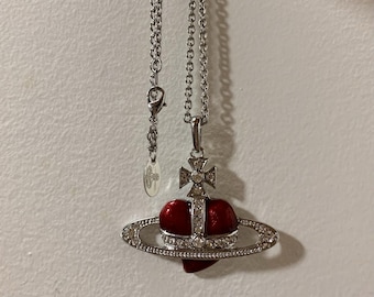 Vivienne Westwood Diamante Saturn Heart Orb Necklace Silver Red with drawstring