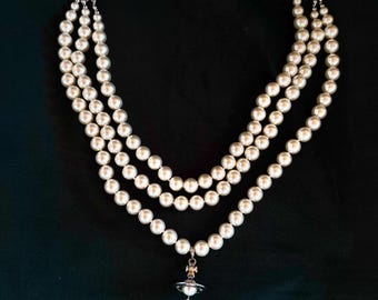 Vivienne Westwood Saturn Three Row Pearls Drop Choker SilverNecklace bridal wedding bridesmaid white