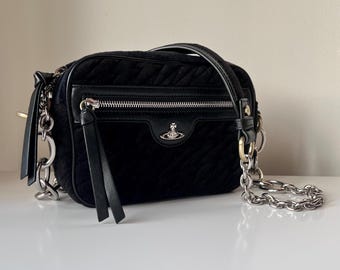 Authentic Vivienne Westwood Vintage Velvet Shoulder Bag Silver Chain Metal Saturn