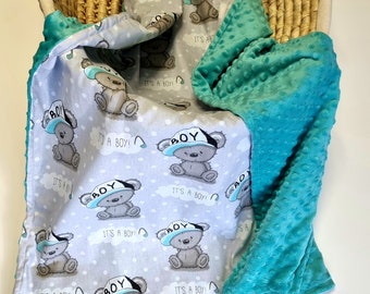 Coperta da neonato a bambino Orsetto blu Minky Ideale per lettino con passeggino per auto Regalo per baby shower per ragazzo Fatto a mano in Irlanda
