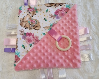 Baby taggie blanket, minky sensory toy, comforter baby gift new baby, baby shower pink Handmade in Ireland