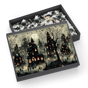 Haunted Halloween Village Puzzle – Cozy Gothic Ghost Town Jigsaw for Fall Nights, Family Fun, Trick-or-Treat & Spooky Decor