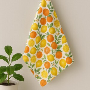 Luxury Orange Lemon Tea Towel Vibrant Citrus Kitchen Decor in Cotton or Poly | Housewarming Gift | Summer Hostess Kitchen Towel