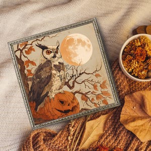 Halloween Owl & Pumpkin Wall Art Printable – Cozy Fall Forest Decor with Full Moon Rustic Vintage Style