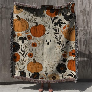 Gruselige Halloween gewebte Decke, Geister Kürbis Herbstwurf, Vintage Herbst Blumen Wandteppich, gemütliches Dekor für Filmabend, Herbst Geschenkidee