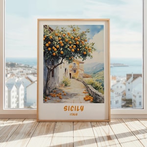 Impresión de viaje a Sicilia, Italia, acuarela, arte mural italiano, paisaje costero, regalo de boda, descarga digital, póster imprimible