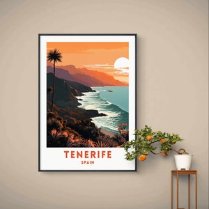 Impresión de Tenerife, arte mural costero de una isla española, impresión de viaje a España, póster de atardecer, ilustración, descarga digital, póster imprimible