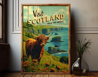 Vintage Isle of Mull Scotland Travel Poster: Highland Cow Art (Digital Download)