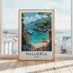 Poster impression voyage Majorque, art mural Espagne, paysage de plage tropicale, art de l'illustration, cadeau de mariage, téléchargement numérique, affiche imprimable