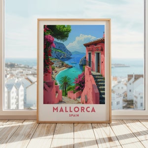 Affiche imprimée de voyage à Majorque, art mural Espagne, paysage de littoral, art de l'illustration, cadeau de mariage, téléchargement numérique, affiche imprimable