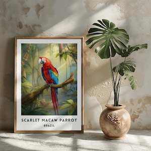 Stampa di viaggio in Brasile con pappagallo Ara scarlatta, Sud America, arte murale con uccelli, illustrazione artistica, regalo di nozze, download digitale, poster stampabile