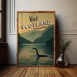 Schottland Vintage Reise-Druck, Loch Ness Monster Poster, schottische mythische Wandkunst, Illustration Kunstwerk, Hochzeitsgeschenk, digitaler Download