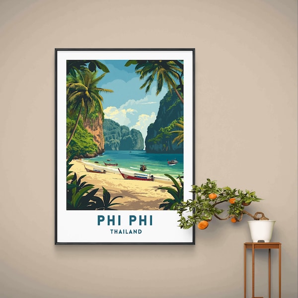 Phi Phi Thailand Travel Print, Thailand Wall Art, Vintage Phi Phi Poster, Illustration Art, Wedding Gift, Digital Download, Printable Poster