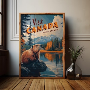 Impresión de viaje vintage de Canadá, América del Norte, póster de castor, arte mural de naturaleza, ilustración, regalo de boda, descarga digital