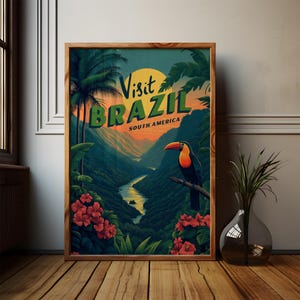 Brazil Travel Poster: Vintage Toucan, South America Rainforest (Digital Download)