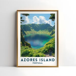 Póster de viaje de las Azores, arte mural de Portugal, lago del cráter, ilustración, regalo de boda, descarga digital, póster imprimible