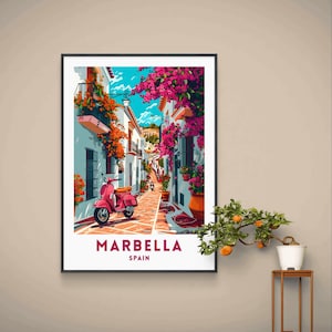 Marbella Vintage Reise Druck, spanische Wand Kunst, Spanien Poster, Sommer Vibes Illustration, Hochzeitsgeschenk, Geschenk für Frau, druckbares Poster