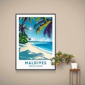 Impresión de viaje a Maldivas, arte mural del océano Índico, sur de Asia, playa paradisíaca, ilustración, regalo de boda, descarga digital, póster imprimible