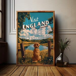 Vintage reisposter Engeland: gouden labrador, Engelse landschapsprint, Britse natuurkunst (digitale download)