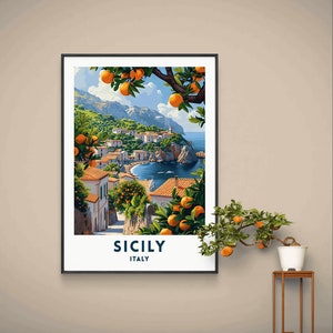 Poster di viaggio Sicilia, Italia, arte murale italiana, paesaggio costiero, illustrazione artistica, regalo di nozze, download digitale, poster stampabile