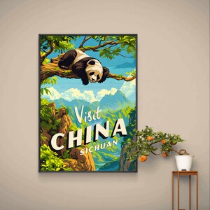 China Sichuan Vintage Travel Print, Giant Panda Print, Wall Art, Illustration Artwork, Wedding Gift, Digital Download, Printable Poster