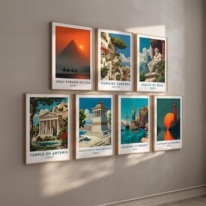 7 Ancient World Wonders Print Set: Illustrated Travel Posters (Digital Download)
