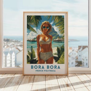 Impresión de viaje de Bora Bora, arte mural de la Polinesia Francesa, playa tropical, ilustración, regalo de boda, descarga digital, póster imprimible