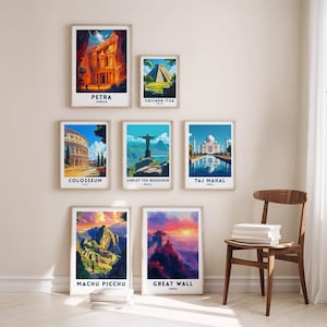 7 World Wonders Travel Posters | Illustrated Architecture Prints | 7-Piece Wall Art Collection | Digital Download | Printable Poster