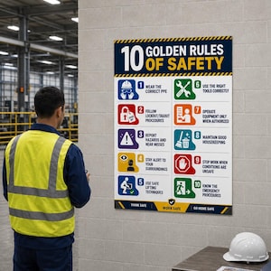 May include: A rectangular safety poster titled 10 Golden Rules of Safety with a yellow and black striped border. It features ten numbered icons with text instructions for workplace safety, including PPE, lockout procedures, and emergency protocols.