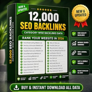May include: A green rectangular box labelled 12,000 SEO BACKLINKS, CATEGORY WISE BACKLINKS DATA, and RANK YOUR WEBSITE IN 2026. The box lists various website submission categories with checkmarks and includes a gold seal stating NEW & UPDATED.