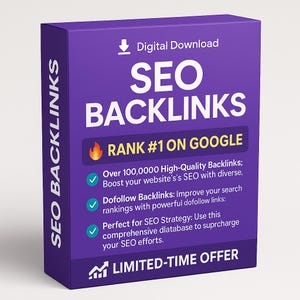 Puede incluir: Una caja morada con las palabras "SEO BACKLINKS" en blanco. La caja también incluye el texto "Descarga Digital", "Rango #1 en Google" y viñetas sobre backlinks de alta calidad y estrategia SEO. También se muestra una "OFERTA POR TIEMPO LIMITADO".