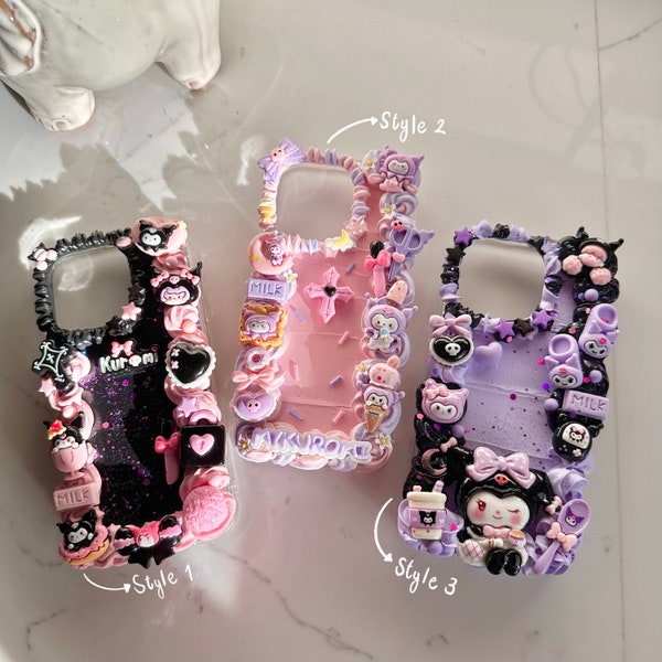 San Decoden Phone Case, IPhone Samsung Case, Handmade Custom, DIY, Cream Glue, Kawaii Gifts, Fake Whipped Cream, Sanrio Cartoon Kuromi